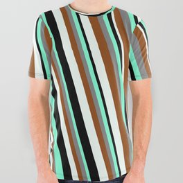 [ Thumbnail: Eyecatching Aquamarine, Gray, Brown, Mint Cream, and Black Colored Striped/Lined Pattern All Over Graphic Tee ]