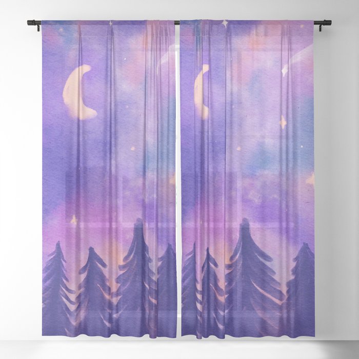 Blue Fantasy Starry Night in the Woods Sheer Curtain