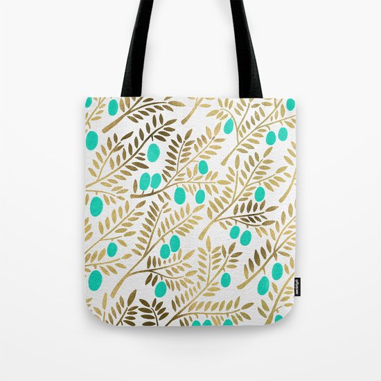 Gold & Turquoise Olive Branches Tote Bag