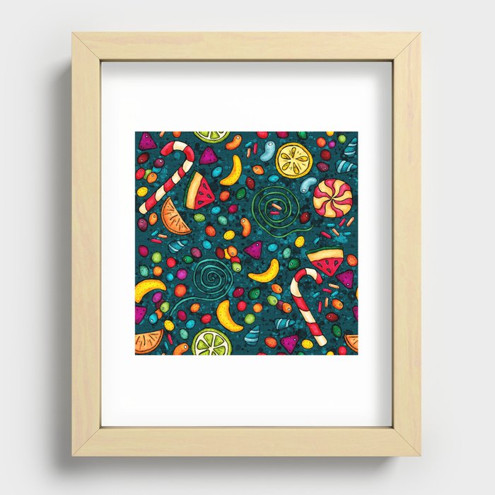 Hand-drawn candies pattern, multicolored sweets Recessed Framed Print