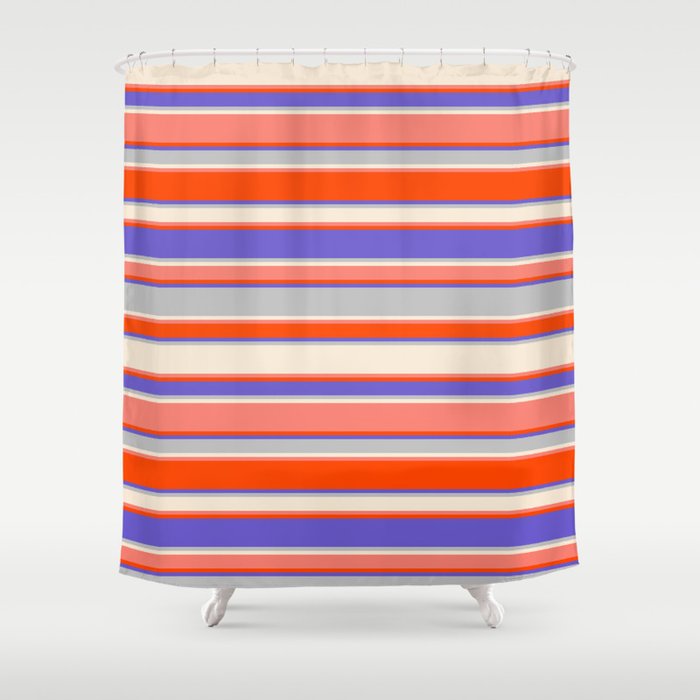 Eye-catching Slate Blue, Grey, Beige, Salmon, and Red Colored Striped Pattern Shower Curtain