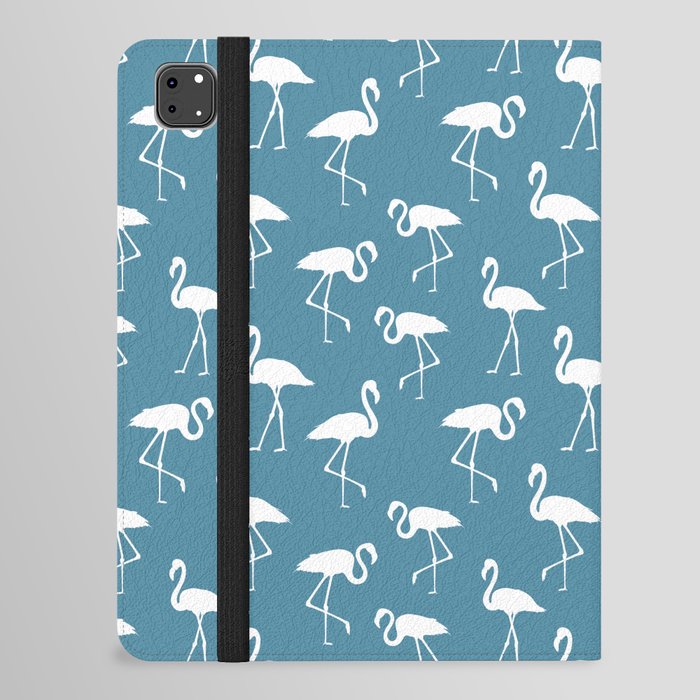 White flamingo silhouettes seamless pattern on blue background iPad Folio Case