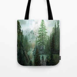 Mountain Morning 2 Tote Bag | Landscape, Watercolor, Art, Curated, Pine Trees, Wonderlust, Birds, Tree, Beauty, Sun 