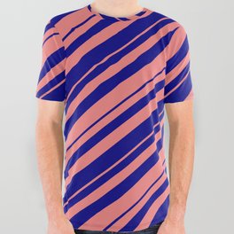 [ Thumbnail: Blue and Light Coral Colored Lined Pattern All Over Graphic Tee ]