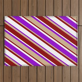 [ Thumbnail: White, Dark Violet, Tan & Dark Red Colored Lined Pattern Outdoor Rug ]