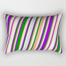 [ Thumbnail: Vibrant Dark Violet, Green, Dark Salmon, Beige, and Light Gray Colored Stripes/Lines Pattern Rectangular Pillow ]