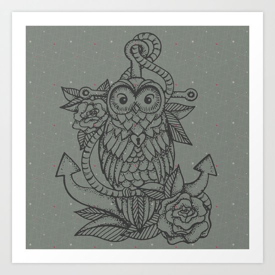 owl, roses & anchor Art Print