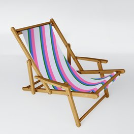 [ Thumbnail: Lavender, Green, Royal Blue & Hot Pink Colored Pattern of Stripes Sling Chair ]