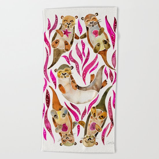 Otters – Pink Accents Beach Towel
