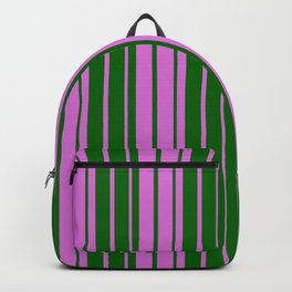 [ Thumbnail: Orchid & Dark Green Colored Striped Pattern Backpack ]