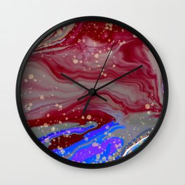 Blue and red yellow marble stone. Alcohol ink fluid abstract texture fluid art with gold glitter and liquid Wall Clock
