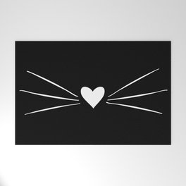 Cat Heart Nose & Whiskers White on Black Welcome Mat