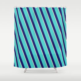 [ Thumbnail: Turquoise, Midnight Blue & Tan Colored Striped/Lined Pattern Shower Curtain ]