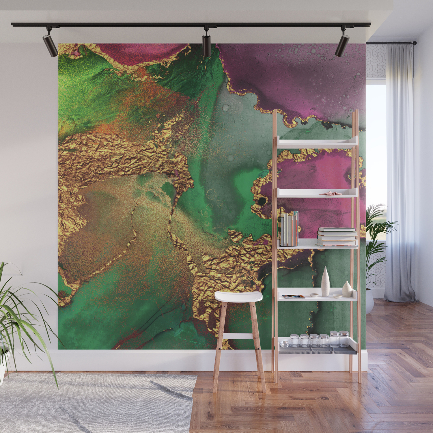 Trendy Glitter Gold, Green, and Pink Paint Texture Wall Mural by dec02 |  Society6