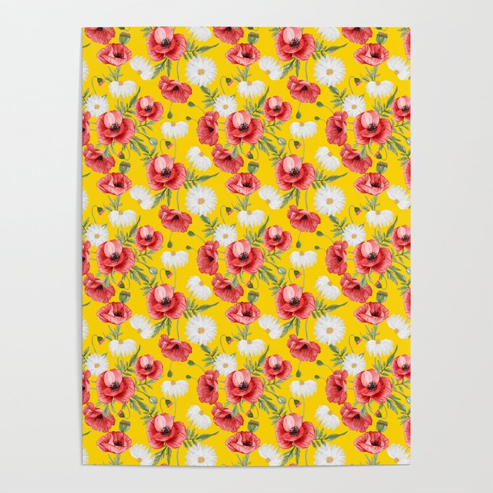 Daisy and Poppy Seamless Pattern on Yellow Background Poster