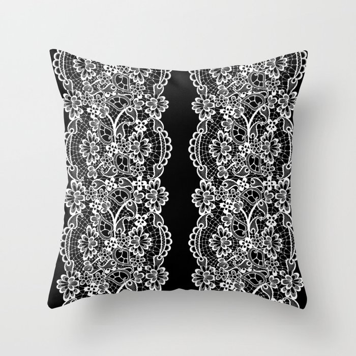 Black and White Floral Embroidery Lines Throw Pillow