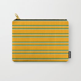 [ Thumbnail: Orange, Dark Green & Light Blue Colored Lined Pattern Carry-All Pouch ]