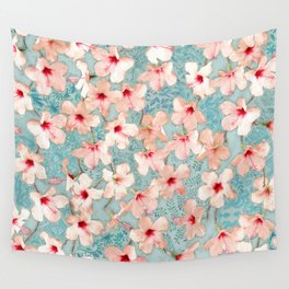 Shabby Chic Hibiscus Patchwork Pattern in Peach & Mint Wall Tapestry