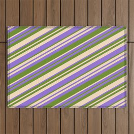 [ Thumbnail: Purple, Green, and Bisque Colored Lined Pattern Outdoor Rug ]