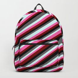 [ Thumbnail: Colorful Dim Gray, Light Cyan, Hot Pink, Maroon & Black Colored Striped/Lined Pattern Backpack ]