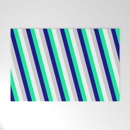 [ Thumbnail: White, Green, Dark Blue & Light Grey Colored Lines Pattern Welcome Mat ]