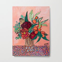 Peony, Banksia, and Citrus Bouquet on Peach Orange Background Painting with Liberty Print Floral Tablecloth Metal Print