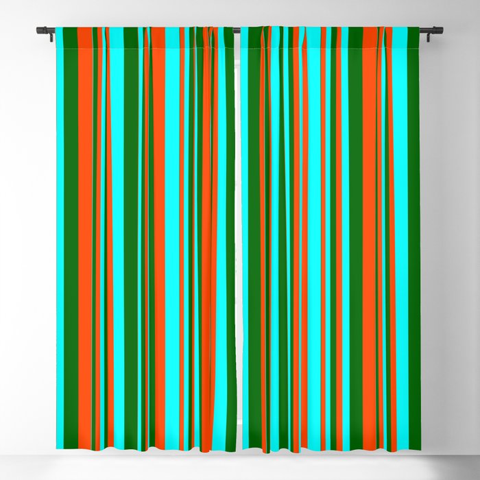 Red, Cyan, and Dark Green Colored Lined/Striped Pattern Blackout Curtain