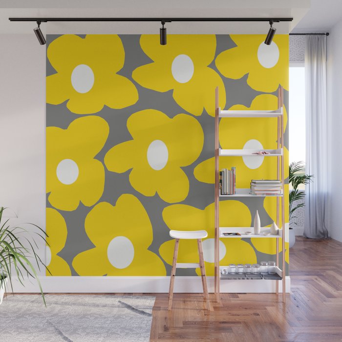 Yellow Retro Flowers Ultimate Gray Background #decor #society6 #buyart Wall Mural