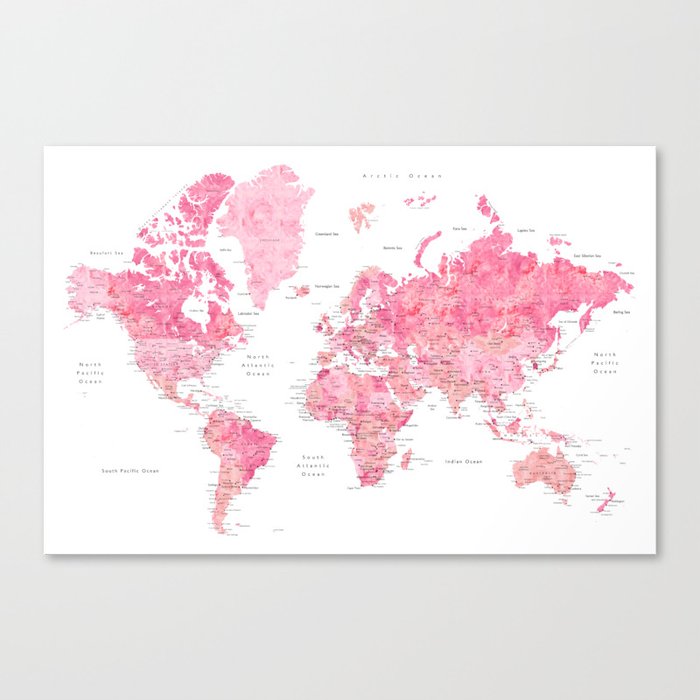 Pink detailed watercolor world map with cities Azalea Canvas Print
