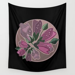 Art deco inspired print featuring blush, muted green and dusty pink buds on the black background  Wall Tapestry