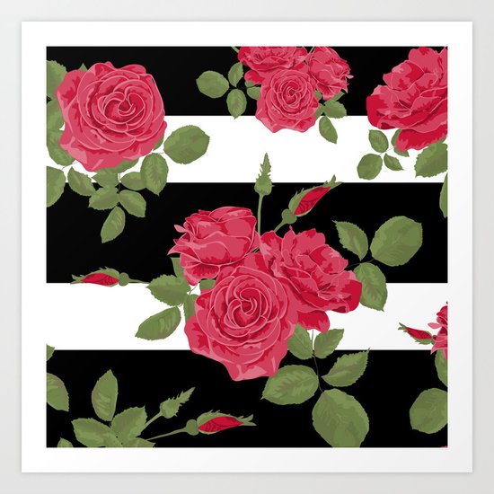 Red roses with horizontal stripes black white Art Print