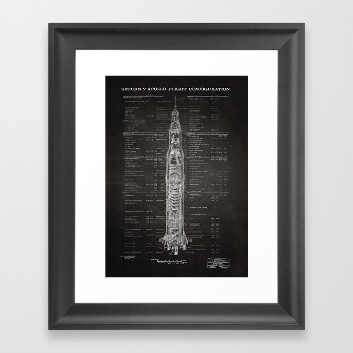Apollo 11 Saturn V Blueprint in High Resolution (black) Framed Art Print