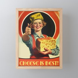 Young retro woman holding huge piece of Emmental cheese and smiling a nostalgic and vintage Framed Mini Art Print
