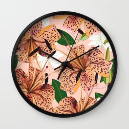 Tiger Lillies, Tropical Blush Botanical Illustration, Polka Dots Nature Vibrant Floral Jungle Wall Clock