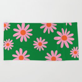 70s Hand Drawn Flower Power DaisiesFlorals in Green, Pink & Orange Beach Towel