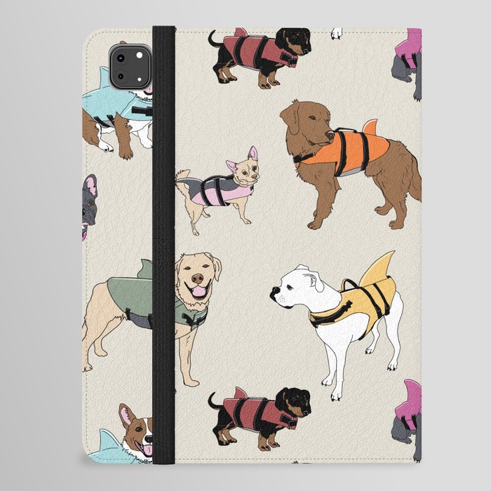 Dog Sharks (dogs in shark life jackets) on Sand iPad Folio Case