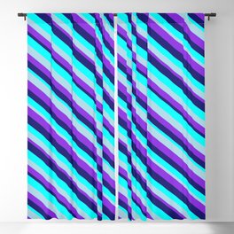 [ Thumbnail: Midnight Blue, Aqua, Light Blue, and Purple Colored Lined/Striped Pattern Blackout Curtain ]