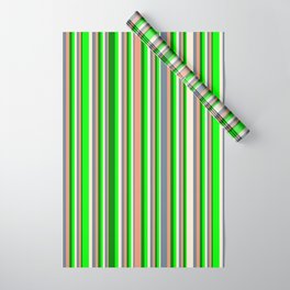 [ Thumbnail: Eyecatching Lime, Green, Dark Salmon, Slate Gray & Beige Colored Striped/Lined Pattern Wrapping Paper ]