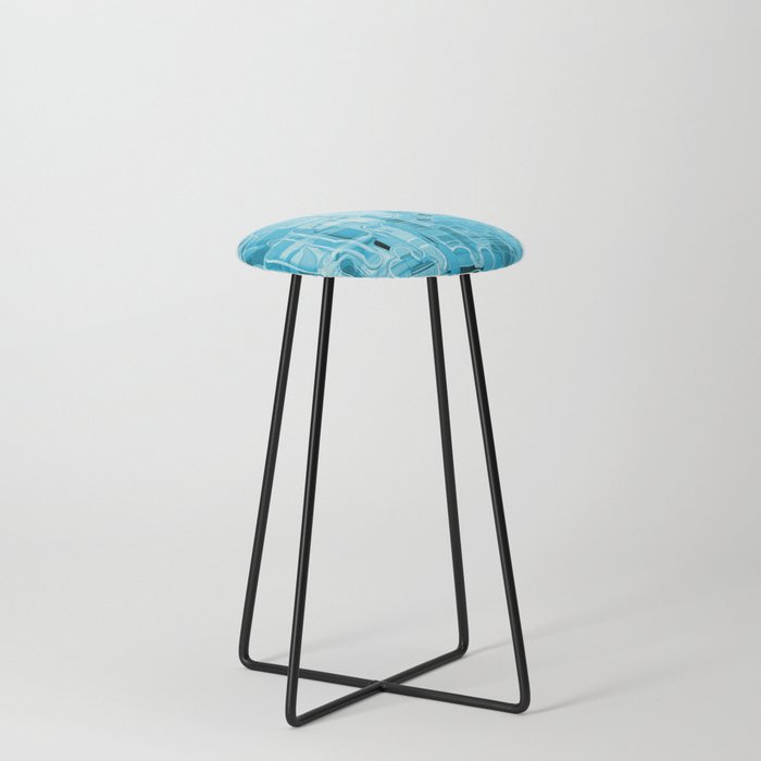 Modern Abstract Digital Paint Strokes in Turquoise Blue Counter Stool