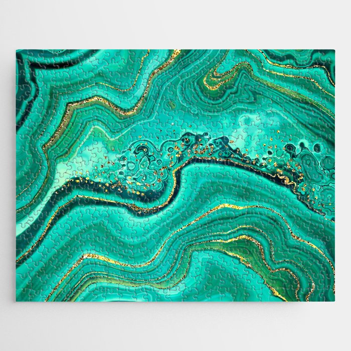 Emerald Green + Gold Abstract Geode Ripples Jigsaw Puzzle