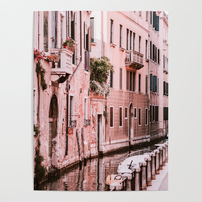 Venice pink canal with old buildings travel photography Poster