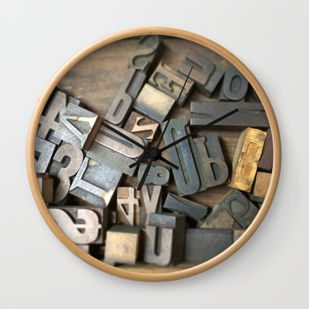 Vintage Wooden Letter Press Letters Wall Clock By Redhedgephotos Society6