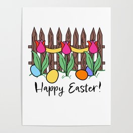Happy Easter Fence Tulips Easter Eggs Retro Graphic Poster