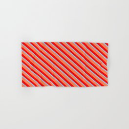 [ Thumbnail: Coral, Red & Light Sky Blue Colored Stripes/Lines Pattern Hand & Bath Towel ]