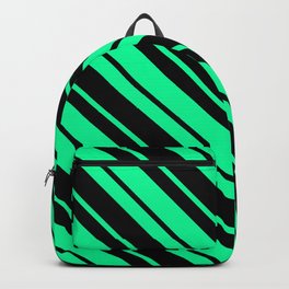 [ Thumbnail: Green and Black Colored Striped Pattern Backpack ]