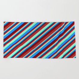 [ Thumbnail: Brown, Aquamarine, Blue, and Maroon Colored Striped/Lined Pattern Beach Towel ]