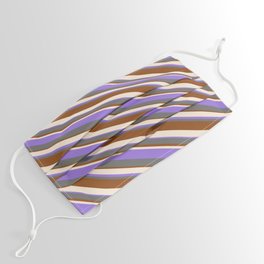 [ Thumbnail: Beige, Purple, Dim Grey, and Brown Colored Striped/Lined Pattern Face Mask ]
