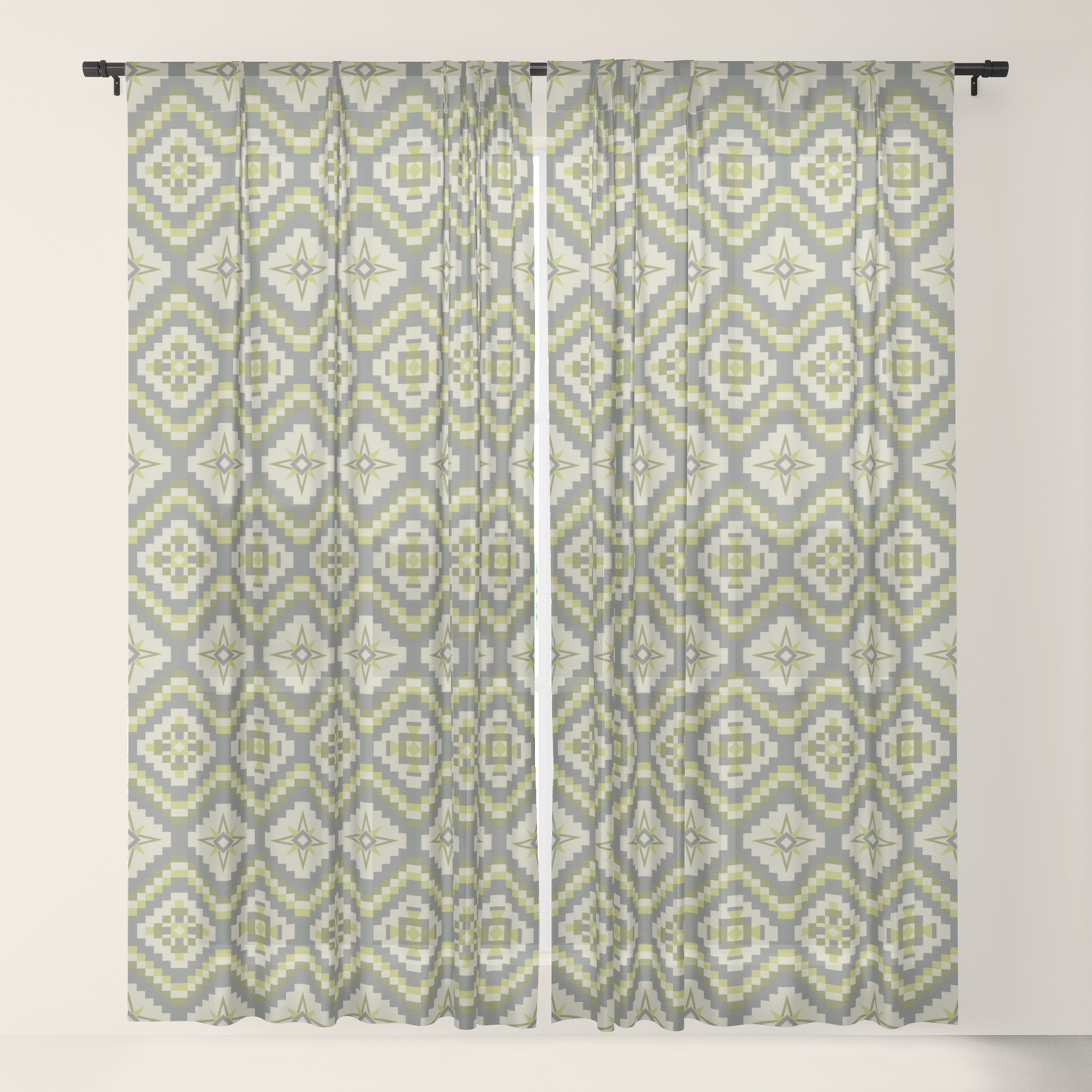 Bohemian Tribal Pattern Gray Tan And Apple Green Sheer Curtain