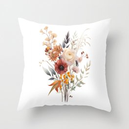 Boho Floral Botanical Print with Shades of Rose, Peach, Yellow, Beige White and Blue Throw Pillow