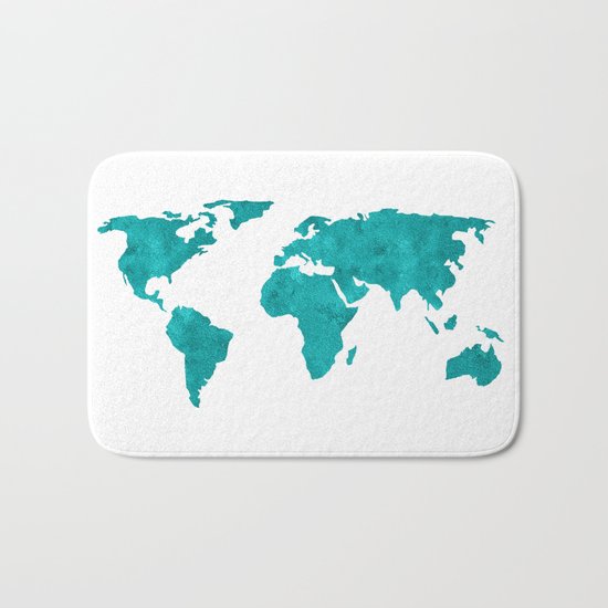 Turquoise Metallic Foil World Map Bath Mat